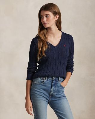  POLO RALP LAUREN Cable-Knit Cotton V-Neck Jumper hunter navy 