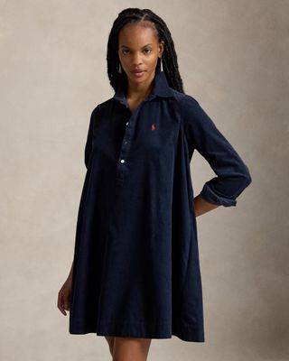 POLO RALPH LAUREN Corduroy Pleated Shirt Dress Navy 